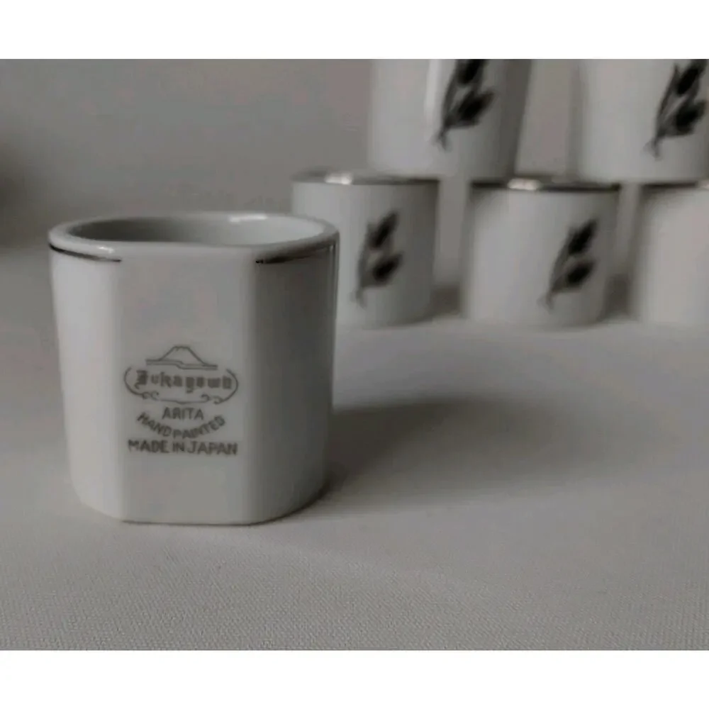 6 Fukagawa Arita Hand-Painted Porcelain Napkin Rings Wheat Platinum 1960s Japan